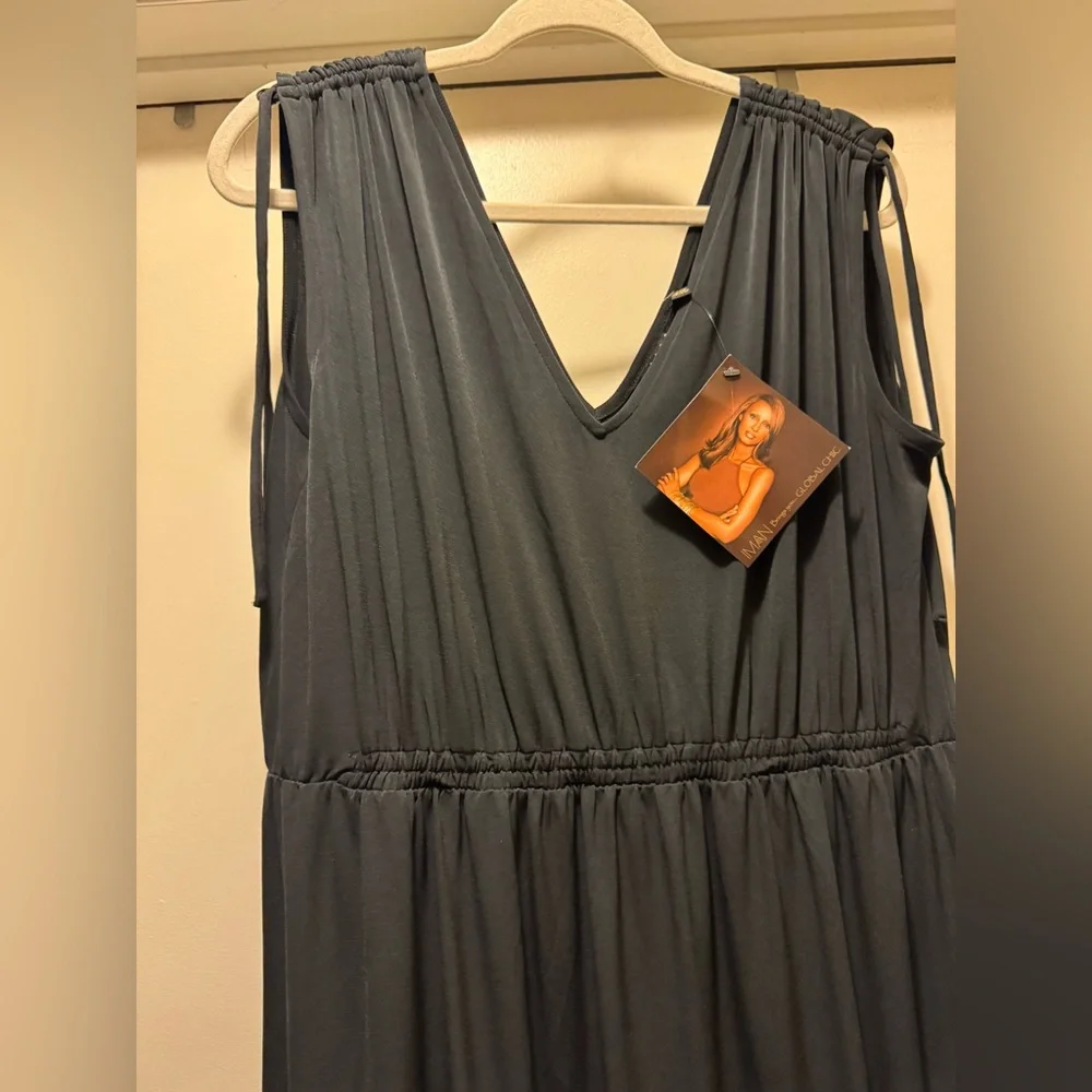 IMAN Global Chic Cinched Shoulder V-Neck Maxi Dress Black Size XL - Picture 7 of 9